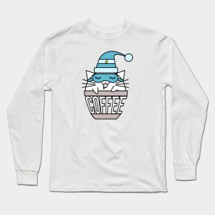 Cat in coffee cup with warped text sleeping blue Long Sleeve T-Shirt